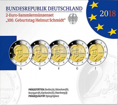 Германия 2 евро 2018 Гельмут Шмидт (A,D,F,G,J) PROOF
